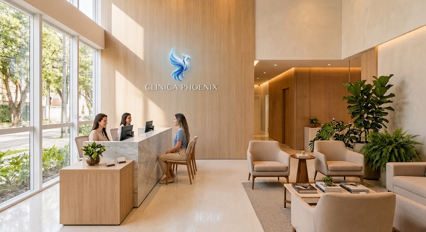 Recepção acolhedora e moderna da Clínica Phoenix em Porto Alegre