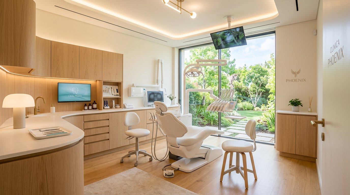 Consultório odontológico moderno com vista para jardim